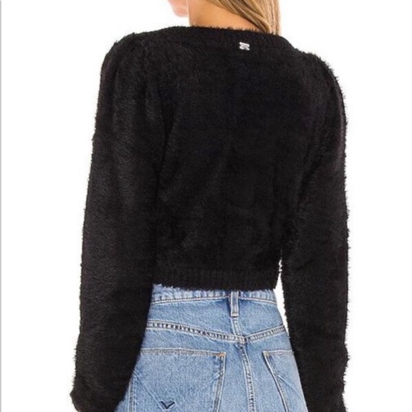 For Love and Lemons black fluffy cropped Anastasia cardigan w/pink rose details - Picture 8 of 8